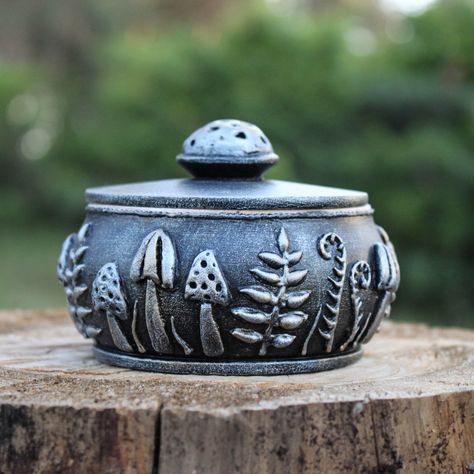 "Salt dish with lid, salt cellar with lid, salt pig, salt pot, salt cellar wood, salt box with lid, salt bowl with lid, salt keeper. This salt dish with lid is approximately 2\" (5cm) tall x 3.5\" (9cm) wide with a beautifully sculpted forest fern and mushroom pattern on it. Due to the natural qualities of the wood and because it is handmade, each piece is unique. Measurements are approximate. Absolutely all details on the product are made by me manually. 100% handmade. 🎨 I created this wooden Witch Salt, Mushroom Witch, Salt Bowl, Forest Fern, Witch Things, Salt Dish, Salt Pig, Pottery Pots, Mushroom Pattern