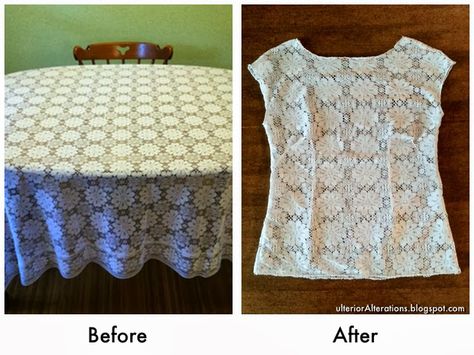 Repurposed Tablecloth to Tunic Upcycled Sweaters, Upcycle Repurpose, Boho Clothes, Upcycle Sewing, Repurposed Clothing, Upcycle Sweater, Lace Tablecloth, Vintage Tablecloths, Crochet Tablecloth