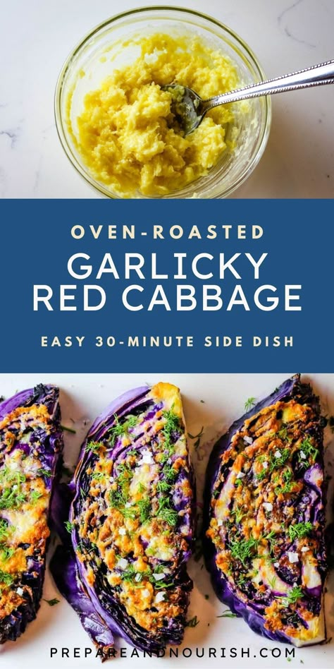 These Roasted Red Cabbage Steaks with Garlic Parmesan are a festive take on traditional cabbage steaks. Made with only four simple ingredients, they are flavorful, and delicious and pair perfectly with any protein. Garlic Parmesan Cabbage, Red Cabbage Steaks, Parmesan Cabbage, Quick Dinner Sides, Roasted Red Cabbage, Roasting Garlic In Oven, Red Cabbage Recipes, Cabbage Steaks, Eastern European Recipes