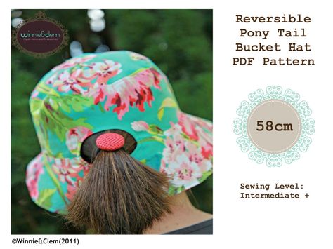 Pony Tail Bucket Hat PDF Sewing Pattern - 58cm ,,   Needed pony tail space / Have Girls Hat Pattern, Cloche Hat Pattern, Kids Hats Patterns, Holiday Hand Towels, Bucket Hat Pattern, Sewing Hats, Hand Sewing Projects, Hat Patterns To Sew, Baby Hat Patterns