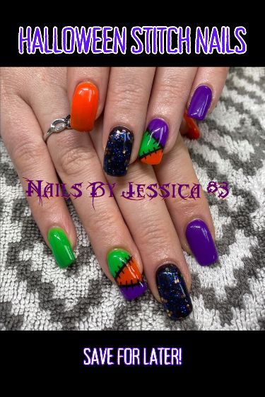 These long nails got all stitched up with this Halloween nail art design! Orange, green, purple and sparkly black nails plus freehand stitches nail art is perfect for October nails. Join me over on Instagram and hit save on this look! #halloweennails Sparkly Black Nails, Stitch Nails, Halloween Themed Nails, Halloween Stitch, Halloween Nail Ideas, Orange Green Purple, Themed Nails, October Nails, Purple Halloween