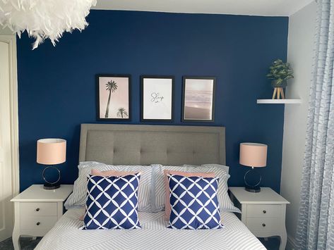 Dulux Sapphire Salute feature wall - bedroom design. Navy and blush Navy Bedroom Feature Wall, Sapphire Salute Dulux Paint, Dulux Sapphire Salute Bedrooms, Dulux Sapphire Salute Living Rooms, Sapphire Salute Bedroom, Small Navy Bedroom, Sapphire Blue Bedroom, Navy Blue Feature Wall Bedroom, Navy Blue Wall Paint