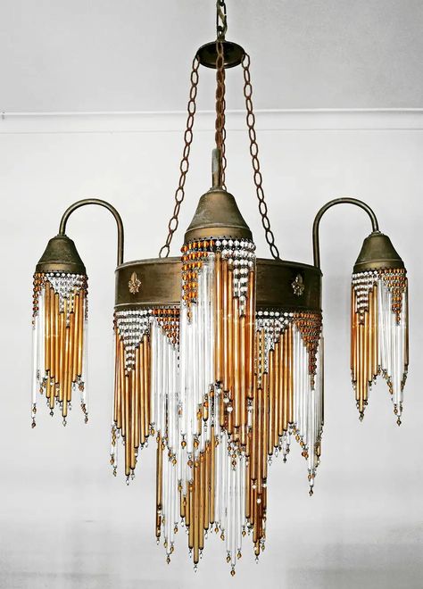 For Sale on 1stDibs - Fabulous midcentury in clear and amber beaded glass Art Deco or Art Nouveau chandelier. Measures: Diameter 24.40 in / 62 cm Height 48.03 in (chain=9.84 Flush Chandelier, Italian Art Deco, Art Nouveau Furniture, Glass Art Deco, Vintage Chandeliers, Contemporary Art Deco, Deco Beads, Art Deco Art, Brass Art