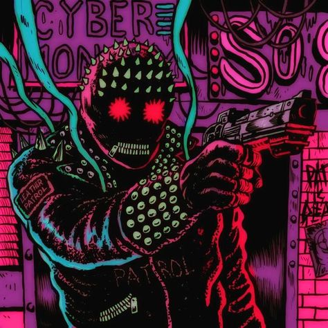 Sci Fi Comic Art, Metal Character Design, Neon Comic Art, Cyberpunk Horror, Cyberpunk Graffiti Art, Dark Synthwave Aesthetic, Neon Sci Fi Aesthetic, Synthwave Neon, Blacklight Posters