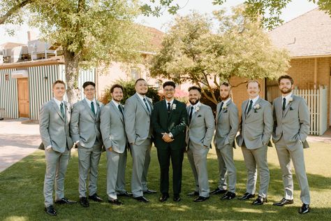 Green Groom Suit Grey Groomsmen, Dark Green Groom Suit Grey Groomsmen, Green Groom Gray Groomsmen, Dark Grey Suit Green Tie, Green And Grey Groomsmen, Dark Green Groomsmen Suits, Olive Green Groomsmen Attire, Dark Green Groomsmen Attire, Grey Suit Green Tie