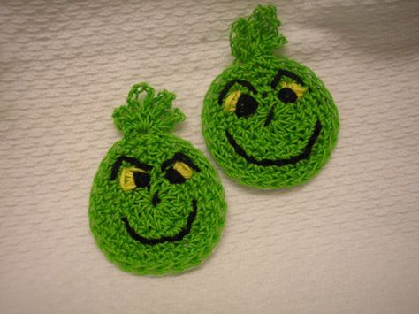 Crochet Grinch Applique Set of 2 MADE TO ORDER by lilyscrochet, $3.00 Crochet Grinch Applique, Crochet Grinch, Grinch Ornament, Christmas Applique, Crochet Applique, Crochet Christmas, Crochet Coasters, Crochet Basket, Christmas Market