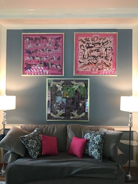 Framed Hermes Scarves Wall Art, Framed Scarves, Chanel Closet, Framed Scarf, Hermes Home, Scarf Art, Hermes Scarves, Shelf Decor Living Room, Wall Interior