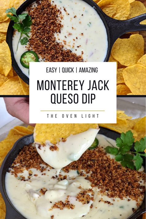 Easy Creamy Monterey Jack Queso | The Oven Light | Appetizers Queso Dip With Monterey Jack Cheese, Monterey Jack Cheese Sauce, Queso With Monterey Jack Cheese, Monterrey Jack Cheese Recipes, Monterey Jack Queso Dip, Monterey Jack Cheese Dip, Monterey Jack Queso, Monterey Jack Recipes, Monterey Cheese Recipes