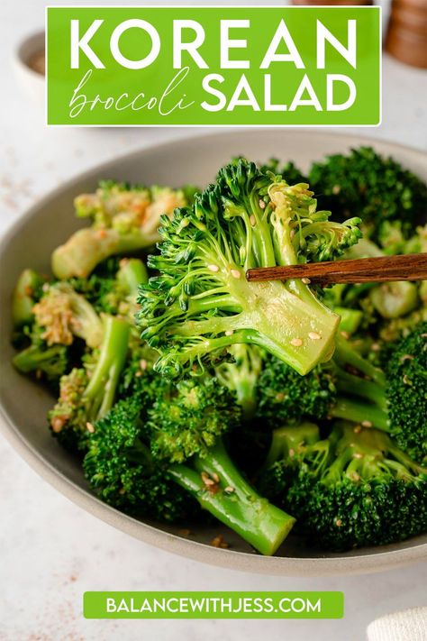 This easy Korean Broccoli Salad only takes 15 minutes and 6 ingredients to prepare! Steamed broccoli is coated in a sweet, savory, & umami-rich dressing for the ultimate banchan. Serve it warm, room temperature, or cold - it's addicting either way! Vegetarian, vegan, dairy free. Korean Broccoli Salad, Korean Style Broccoli, Lunch With Broccoli, Korean Pasta Salad, Bulgogi Side Dishes, Warm Broccoli Salad, Vegan Banchan, Korean Broccoli Side Dish, Broccoli Banchan