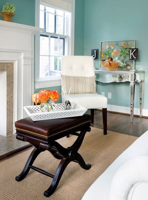 BM Wythe Blue Benjamin Moore Living Room, Wyeth Blue, Blue Benjamin Moore, Benjamin Moore Bedroom, Basement Colors, Wythe Blue, Palladian Blue, Aqua Paint, Turquoise Walls