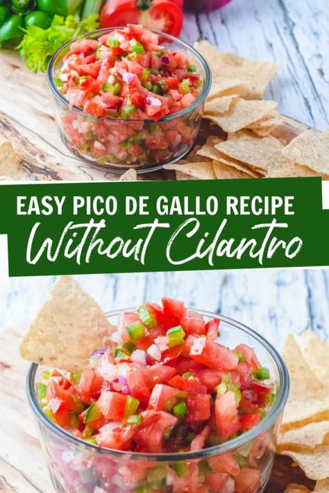 Easy Salsa Recipe Without Cilantro! Homemade Pico De Gallo is the perfect Party Recipe for Backyard Barbecues, Tailgating, Fajitas, or Tacos! So easy and no cilantro! #lemonpeony #party #salsa #easyrecipe #nocilantro Salsa Recipe No Cilantro, Salsa Without Cilantro, Salsa Recipe Without Cilantro, Guacamole Recipe Easy Homemade, Homemade Pico, Homemade Guacamole Recipe, Fresh Salsa Recipe, Cilantro Salsa, Easy Salsa Recipe