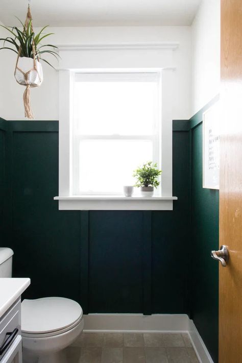 Dark Green Paint, Diy Window Trim, Dark Green Bathrooms, Dark Green Walls, Zen Bathroom, Dream Future, Small Bathroom Makeover, Green Room, Boho Bathroom