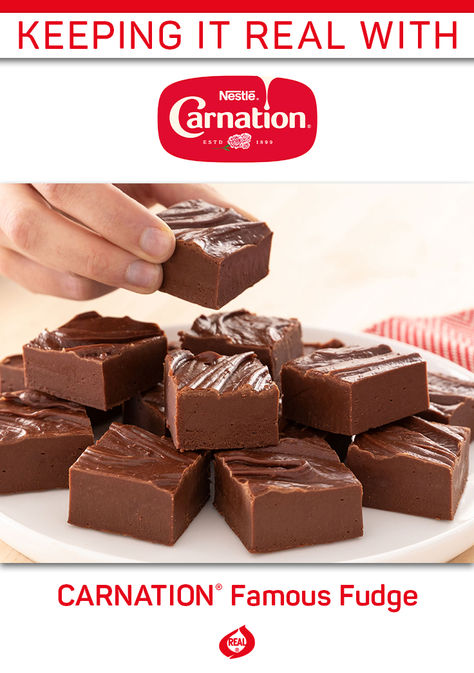 This five-star recipe makes an unforgettably delectable holiday gift – one family, friends, and coworkers won't soon forget. And with easy variations, you can make milk chocolate, butterscotch, or peanutty chocolate fudge. Carnation Fudge, Crushed Pineapple Cake, Holiday Fudge Recipes, Famous Fudge, Carnation Milk, Butterscotch Fudge, Milk Chocolate Fudge, Holiday Fudge, Craving Chocolate