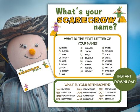 This What's Your Scarecrow Name Game with Name Tags is a printable PDF and a digital download. This fun name generator game makes the perfect icebreaker game for a fall birthday party or fall baby shower. Use the Scarecrow name game printable for your family game night or as a classroom activity as part of your teacher resources.  Print as many copies as you like, so you can enjoy this Scarecrow activity time and again. *What you receive: An instant digital download - nothing will be mailed 2- 8.5 x 11 printable PDFs (print as many as you like)    -1 Scarecrow name generator game   -1 Scarecrow name tag template (each tag is 3.5x2.5) Print the name generator on card stock for more durability. Print the Scarecrow name tags on sticker paper and cut on the lines for each participant. *Find yo Can You Name It Game, What's Your Name Game, Fall Birthday Party, October Activities, Game Name, Name Game, Fall Birthday Parties, Classroom Activity, Harvest Party