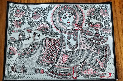 Madhubani art (also Mithila art) is a style of painting practiced in the Mithila region of India and Nepal. It is named after the Madhubani district of Bihar, India, which is where it originated. Artists create these paintings using a variety of mediums, including their own fingers, or twigs, brushes, nib-pens, and matchsticks. The paint is created using natural dyes and pigments. The paintings are characterised by their eye-catching geometrical patterns. Katchni Madhubani Painting, Front Mehndi, Mithila Art, Mithila Painting, Easy Sketches, Front Mehndi Design, Shiva Parvati, Buddha Art Painting, Mandala Art Therapy