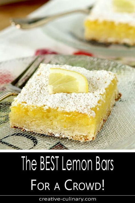 I've been making what my friend Bill has called the best lemon bars for 30 plus years. The Best Lemon Bars for a Crowd is an updated version of an old favorite with a thicker filling to serve more people. Doesn't everyone want seconds? via @creativculinary Lemon Bars For A Crowd, Bars For A Crowd, The Best Lemon Bars, Best Lemon Bars, Lemon Bars Recipe, Lemon Squares, Easter Desserts, Desserts For A Crowd, Sugar Sugar