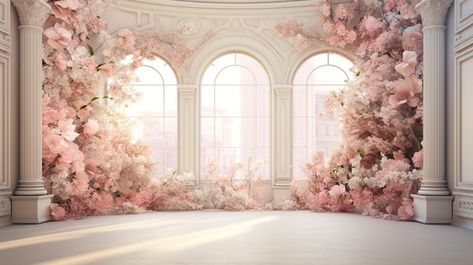 Premium Photo | Doorway background with many flowers Background Wedding Design, Bed Backdrop Design, Afterlight Filter, Photoshoot Background, Floral Mural, Bed Nook, Brides Room, Wedding Stage Design, Cherry Blossom Wedding