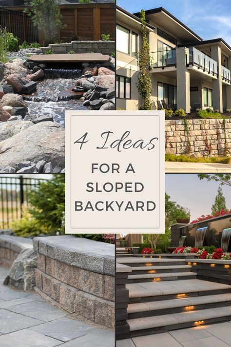 Backyard Landscaping Designs Sloped Yard, Hillside Backyard Ideas, Fire Pit Sloped Backyard, Sloped Backyard Landscaping On A Budget, Backyard Landscaping Sloped Yard, Sloping Backyards, Slanted Backyard Ideas, Backyard With Hill Sloped Yard, Garden Ideas Sloped Yard