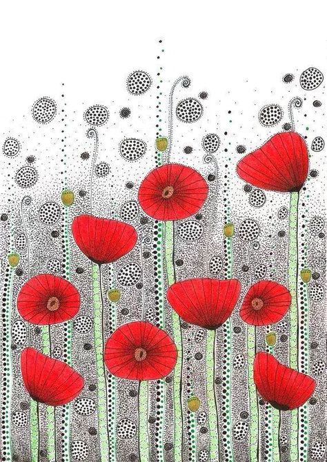 Mandela Patterns, Zen Pictures, Arte Doodle, Art Et Illustration, Art And Illustration, Zentangle Art, Zentangle Patterns, Poppy Flower, Red Poppies