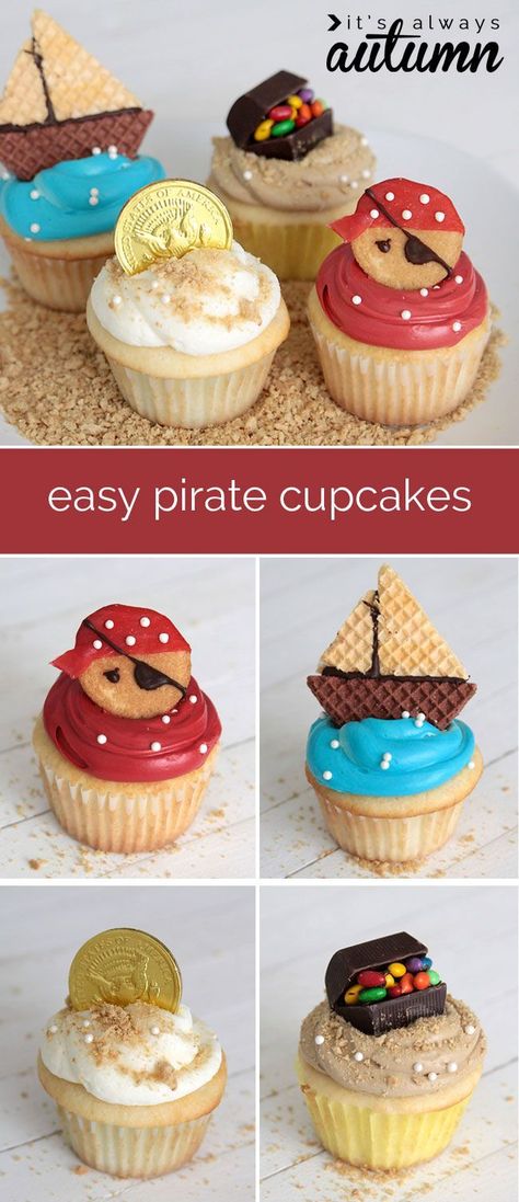 Perfect for a PIRATE PARTY! These super adorable #pirate #cupcakes are easy to decorate and use normal frosting instead of fondant. Pirate Cupcakes, Pirate Cupcake, Pirate Ships, Creative Cupcakes, Pirate Birthday Party, Pirate Birthday, Cute Cupcakes, Pirate Theme, Pirate Party