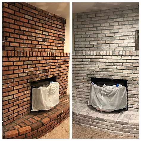 Paint Bricks On Wall, Whitewash Brick Fireplace Before After, How To White Wash Brick, Washed Fireplace Brick, Painted Fireplace Brick Before And After, White Wash Fireplace Brick, Gray Wash Brick Fireplace, Brick Fireplace Diy, Wash Brick Fireplace