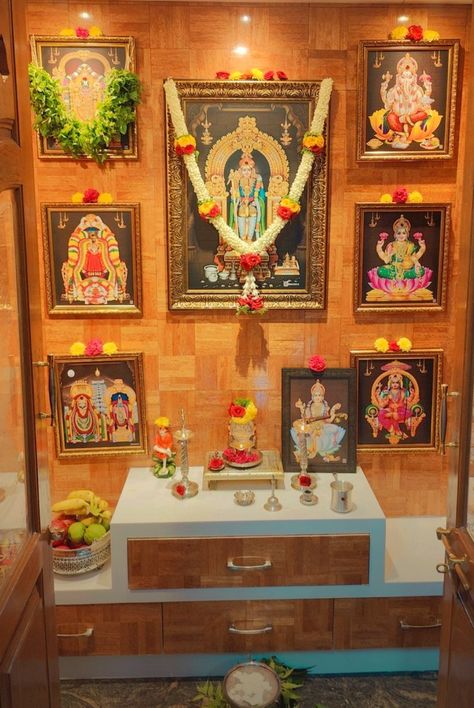 Pooja Room Photos Arrangement, Photo Arrangement, Mandir Design, Lord Photo, Pooja Room Door Design, Goddess Decor, Pooja Room Design, Room Door Design, Puja Room