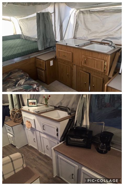 Pop Up Camper Before And After, Pop Up Camper Makeover On A Budget, Pop Up Camper Remodel, Small Pop Up Camper Remodel, Caravan Renovation Before And After, Small Pop Up Campers, Caravan Renovation Diy, Tent Trailer Remodel, Pop Up Camper Trailer