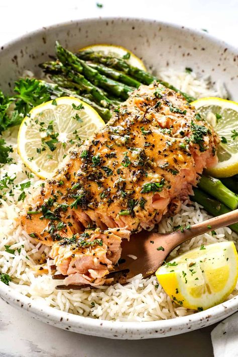 Salmon Healthy Dinner Recipes, Salmon Food Prep, Lemon Pesto Salmon, Salmon And Vegetable Recipes, Salmon And Rice Dinner, Salmon Recipes Lemon, Salmon And Rice Recipes, Salmon Over Rice, Best Chocolate Bundt Cake