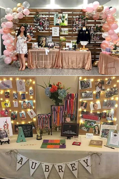 Grad Party Photo Display Table, Graduation Picture Table Display, Grad Party Sports Display, Grad Party Awards Display, College Table Display, High School Graduation Table Decorations, Graduation Party Ideas Western, Grad Party Picture Display Ideas, Senior Graduation Table Display