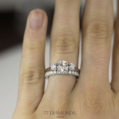 Our Roma engagement ring set with a round diamond and an eternity band as wedding band. Trilogy Rings, Expensive Wedding Rings, Big Wedding Rings, Trilogy Engagement Ring, Cheap Wedding Rings, Mayfair London, Cute Engagement Rings, Boda Mexicana, Wedding Rings Round