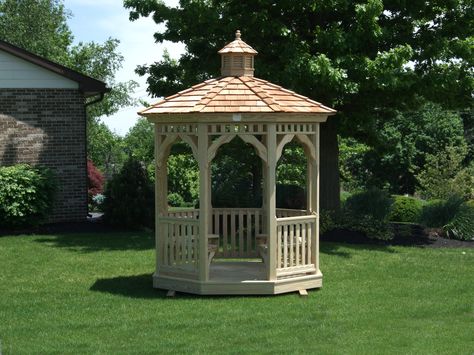 A small and beautiful octagon gazebo with wood cedar shake roof and cupola. Small Gazebo Ideas, Small Garden Gazebo, Gazebo Pictures, Enclosed Gazebo, Small Gazebo, Gazebo Lighting, Swimming With Dolphins, Diy Gazebo, Small City Garden