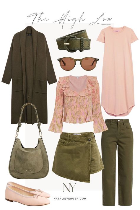 Inspired by an unexpected style color combination for fall, this High/Low shares olive and blush pieces for later summer and early autumn. Shop this cozy coatigan under $150, a floral blouse, ballet flats and more fall 2023 finds in this post. Blush And Olive Outfit, Olive And Pink Outfit, Olive Capsule Wardrobe, Fall Style Inspiration, Olive Mini Skirt, Olive Clothing, Olive Pants, Color Palette Pink, Early Autumn