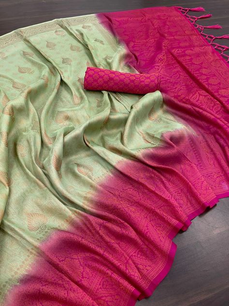 Presents New Arrival Now In Trend Pretty Colour Combination 😍 Kubera Pattu Silk Saree Rich Pallu & Brocade Kubera Silk Blouse With Same As Picture Heavy Zaller Attached. *Price Only 1230 free ship* /- 😍 Original Quality 100% Ready Stock Available Silk Saree Party Wear, Festival Saree, Pattu Silk Saree, Wedding Wear Saree, Zari Saree, Saree Work, Saree Beautiful, Saree Party Wear, Designer Embroidery