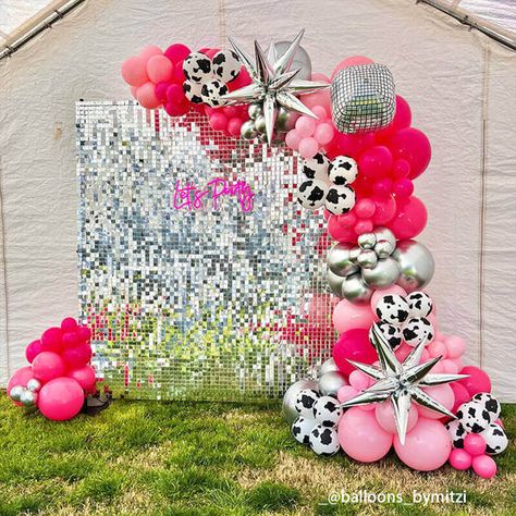 Cowgirl Birthday Backdrop, Silver Shimmer Wall, Shimmer Wall Panels, Cowgirl Party Decorations, Balloon Arch Frame, Cowgirl Disco, Shimmer Wall Backdrop, 1st Rodeo, Birthday Barbie