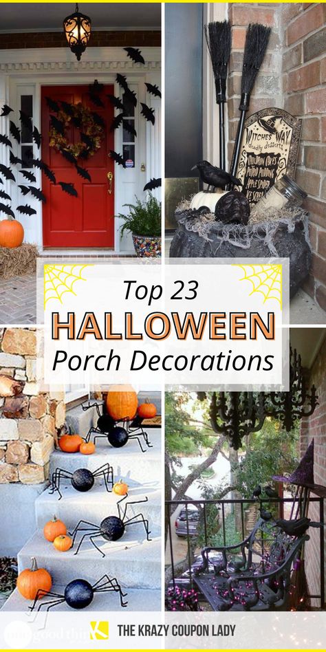 Looking for the best ideas for Halloween porch decorations? Whether you have a small porch or large outdoor space to decorate for Halloween, these DIY Halloween decorations will blow away your trick or treaters & neighbors! Halloween front porch decor can be easy & cheap with these tips & ideas rounded up by The Krazy Coupon Lady. Get spooky with your front porch Halloween decor or fall decorations this year with the best ideas on the internet! Outside Halloween Decorations, Halloween Patio, Halloween Decor Diy, Halloween Outside, Easy Diy Halloween Decorations, Halloween Front Doors, Halloween Front Porch Decor, Porch Decorations, Halloween Decorations Diy Outdoor