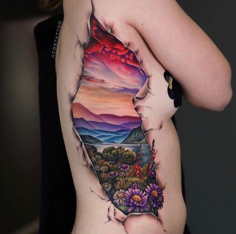 Find your paradise within🌷 Tattoo by @acostattoo Side Piece Tattoos, Colorful Tattoo, Landscape Tattoo, Tattoo Care, 3d Tattoos, Tattoo Design Ideas, New School Tattoo, Side Tattoos, Best Tattoo Designs