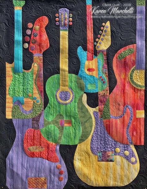 Here is Kathryn's Groovy Guitars ( pattern by Robbi Joy Eklow ).     Don't worry, some detail pics in a minute...   I shared a freebie of th... Guitar Quilt Pattern, Guitar Quilt, Guitar Patterns, Fabric Postcards, Mini Wall, Landscape Quilts, Picture Quilts, Contemporary Quilts, Boy Quilts