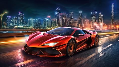 Un coche rojo en una ciudad de noche. | Premium Photo #Freepik #photo #lamborghini Premium Photo, Lamborghini