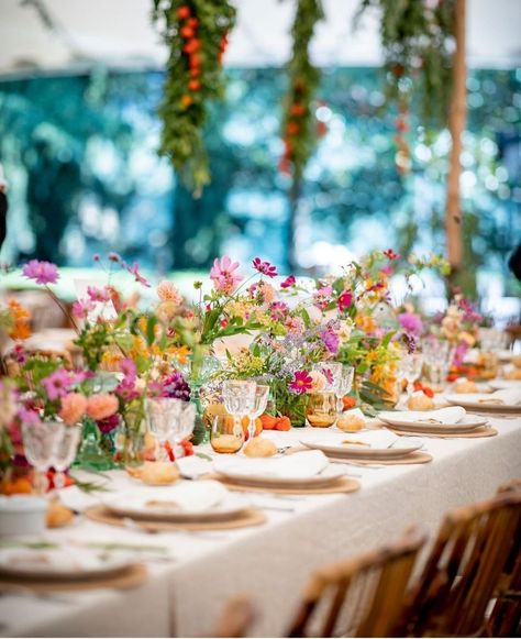 Long Table Centerpieces, Wildflower Centerpieces, Unusual Wedding Venues, Wildflower Wedding Theme, 21 Diner, Romantic Candlelight, Picnic Wedding, Wedding Table Flowers, Wedding Flower Decorations