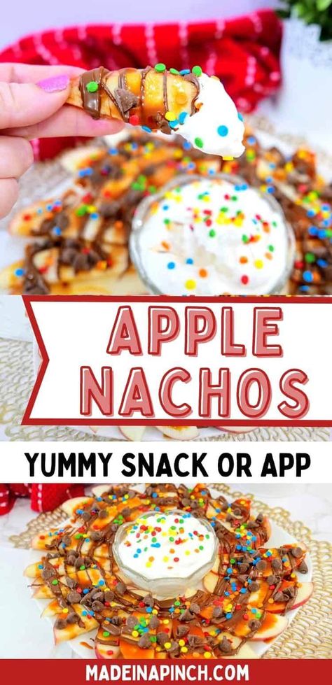 Make this super easy Apple Nachos snack for your kids. It's a fun twist on an already kid-friendly food that will please even the pickiest of eaters! The best part about a snack is that it comes together quickly and with only a few ingredients. These apple nachos are a perfect snack because all you need to do is slice up an apple and sprinkle on your favorite toppings! The accompanying fruit dip is completely optional (but heavenly)! | #kidfriendlysnacks #easysnackrecipes #applerecipes #... Messy Snacks For Kids, Summer Cooking With Kids, Kid Friendly Desserts, Kid Friendly Party Food, Apple Nachos Recipe, Finger Food Desserts, Easy Party Desserts, Easy Nachos, Kids Snack Food