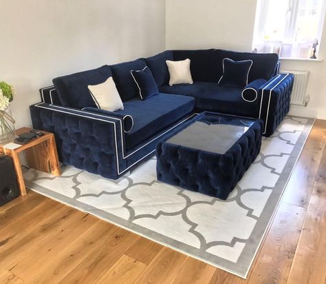 Couch With Contrast Piping, Sofa Contrast Piping, Upholstery With Contrast Piping, Double Piping Upholstery, Blur Velvet Sofa, Button Sofa, Navy Sofa, Contrast Piping, Piping