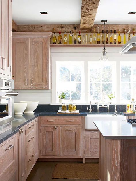 Natural Beauty Pickled Kitchen Cabinets, Kitchen Work Space, Shallow Cabinets, Farm Homes, Pine Cabinet, Modern Cottage Style, Dreamy Kitchens, Corner Base Cabinet, Lake Ideas