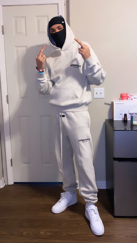 Fog Hoodie Outfit, Hood White Boys, Essentials Hoodie Outfit, Rapper Drip, Essential Tracksuit, Essentials Tracksuit, Track Pants Outfit, Boy Hoodie, Black Outfit Men