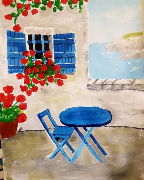 Greece Simple Painting, Europe Painting Easy, Italian Paintings Easy, Greece Drawing Simple, Greece Canvas Painting, Greece Acrylic Painting, Greece Painting Easy, Italy Painting Easy, Friend Painting Ideas