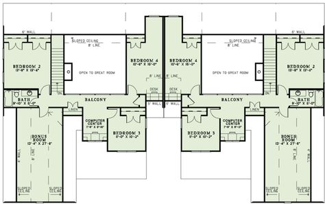 Plan #17-2485 - Houseplans.com Sloped Ceiling Bedroom, Second Floor Balcony, Duplex Floor Plans, Duplex Plans, Country Craftsman, Electrical Layout, Duplex House Plans, Craftsman Style House Plans, Traditional House Plans