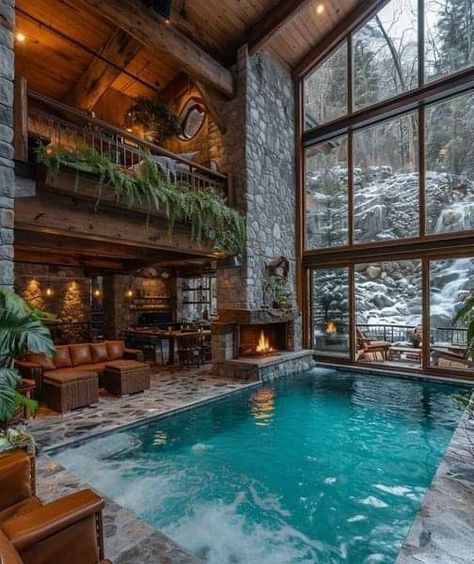 Log Cabin Mansions, Cabin Mansion, Cabin Vibes, Log Cabin Interior, Log Cabin Ideas, Indoor Swimming Pool, Rustic Home Design, Beautiful Rooms, Dream House Rooms