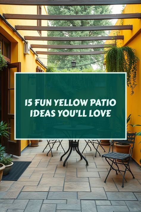 Looking to add a pop of color to your outdoor space? Explore these 15 creative yellow outdoor patio ideas that will transform your backyard into a sunny oasis. Whether you want chic yellow furniture, bright blooming flowers, or vibrant decorations, you'll find inspiration that'll brighten up your get-togethers. Each idea is perfect for a lively atmosphere, making your patio a go-to spot for family gatherings and relaxing evenings. Brighten your life today with yellow! Yellow String Lights, Yellow Accent Walls, Yellow Artwork, Yellow Planter, Canvas Canopy, Yellow Lantern, Yellow Furniture, Outdoor Patios, Outdoor Patio Ideas