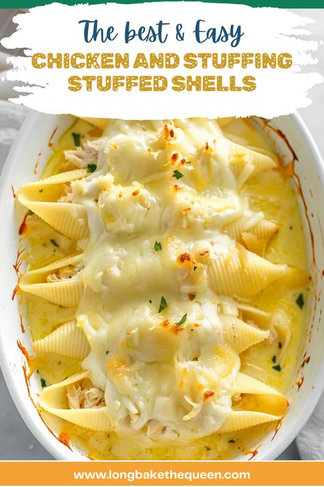 Looking for a cozy dinner idea? Try our Chicken And Stuffing Stuffed Shells recipe! Packed with tender chicken, savory stuffing, and creamy Swiss cheese, it's a comforting meal the whole family will love. Save this recipe for later and give it a try tonight! Chicken Stuffing Stuffed Shells, Chicken And Stuffing Stuffed Shells, Chicken And Stuffing Stuffed Shells Recipe, Stuffing Stuffed Shells, Stuffed Shells With Chicken, Chicken Stuffed Shells, Chicken And Stuffing, Shells Recipe, Filled Pasta