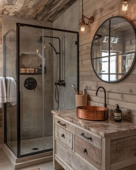 Modern Bathroom Design Guest, Rustic Pool Bathroom Ideas, Vaulted Ceiling Bathrooms, Country Cottage Shower Room, Shower Cabin Design, Master Bath Ideas Rustic, Barndominium Bathroom Ideas Rustic, Modern Rustic Interior Design Bathroom, Master Bath Ideas With Vanity