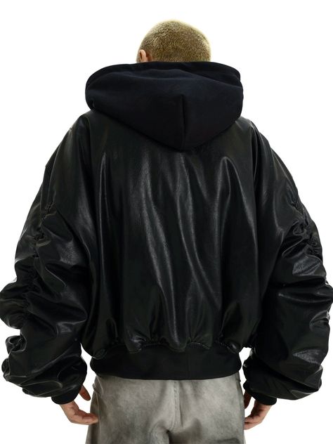 Model is 5ft 9''(176cm) tall, 145 lbs(66kg) weight and wearing a size L168cm 59kg wearing a size M - DOUBLE LAYER- Hooded- OUTERWEAR- Loose fit- PU LEATHER- Zip-up- BLACK